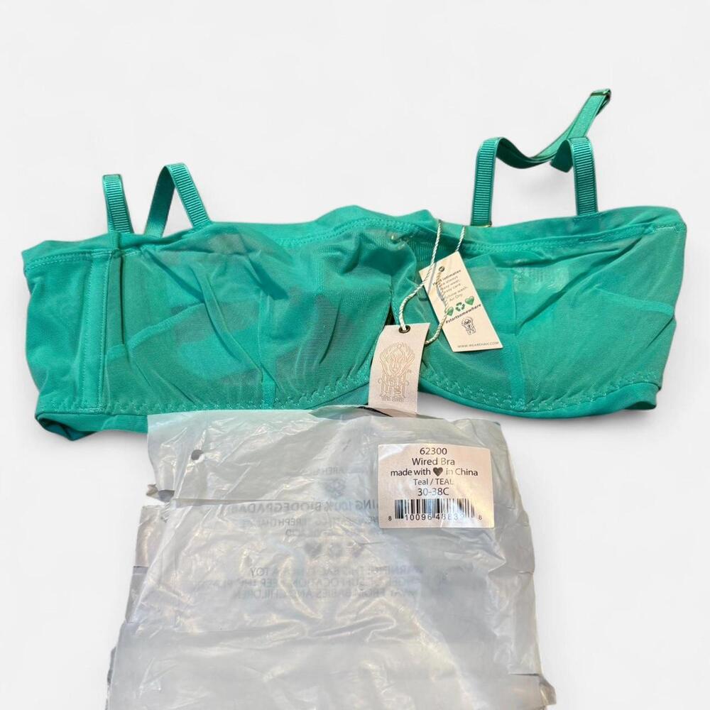 We are HAH (sold at free people/revolve) mesh wired bra in teal. 30-38B
